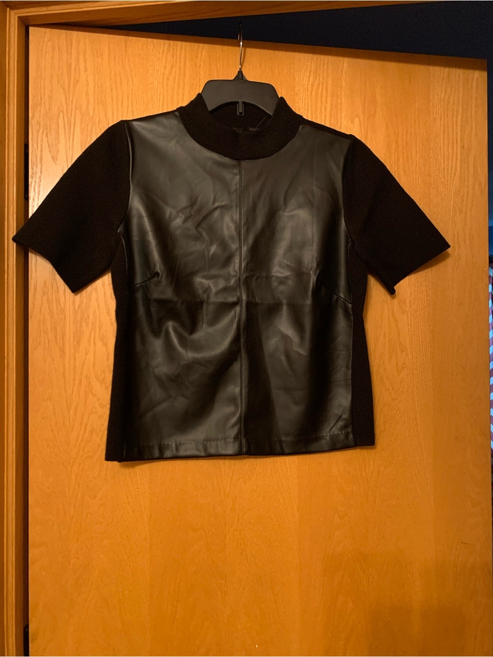 Ann Taylor Black Faux Leather Front Short Sleeve Sweater